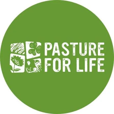 Green circular logo with four icons of farm animals and crops, and the text "Pasture for Life".