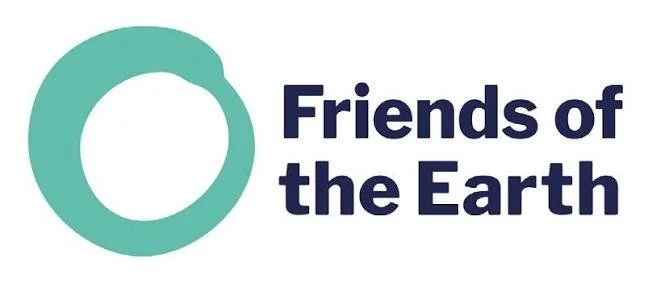 Logo for Friends of the Earth featuring a large teal circle and the organization name in dark blue text.