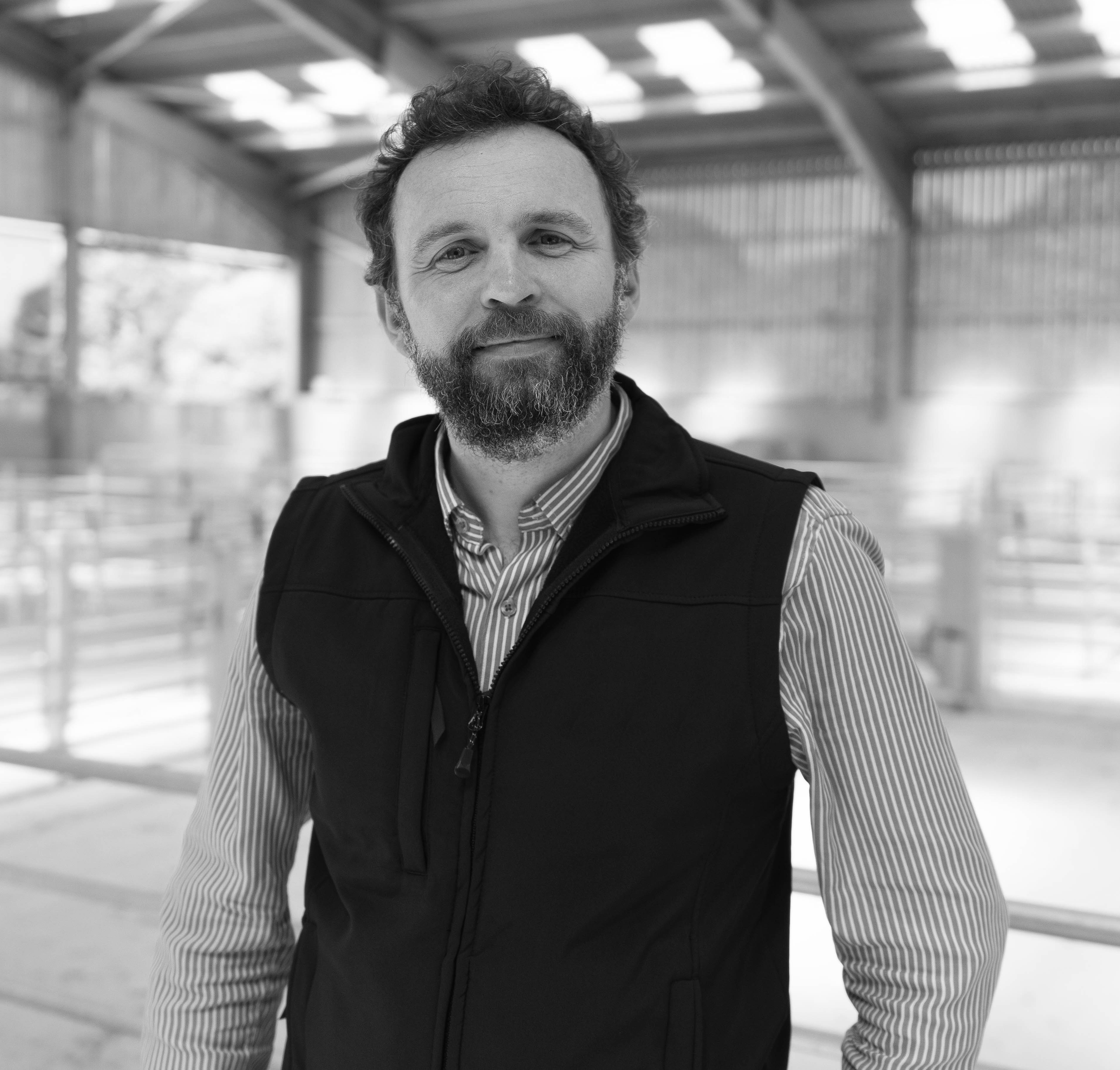 A black and white photo of a man with curly hair and a beard, smiling slightly, wearing a striped shirt and a dark vest, in an indoor architectural space with metal beams and large windows.