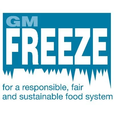 GM Freeze logo with text promoting responsible, fair, and sustainable food system.