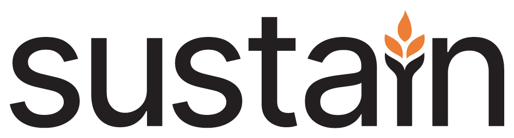 The word 'sustain' with a leaf and flame icon integrated into the letter 'a'.