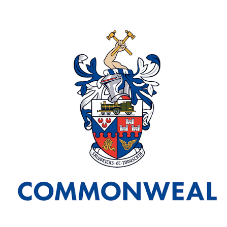 Coat of arms with a shield, a lion's head, and a crown, and the word 'COMMONWEAL' underneath.