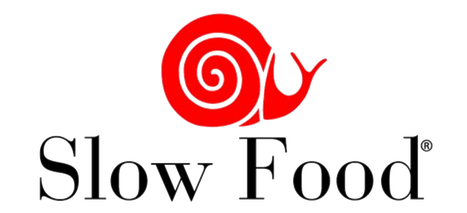 Logo with a red snail shell graphic above the words "Slow Food" in black text.