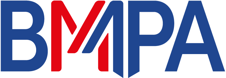 Logo with the letters 'B M P A' in navy and red.