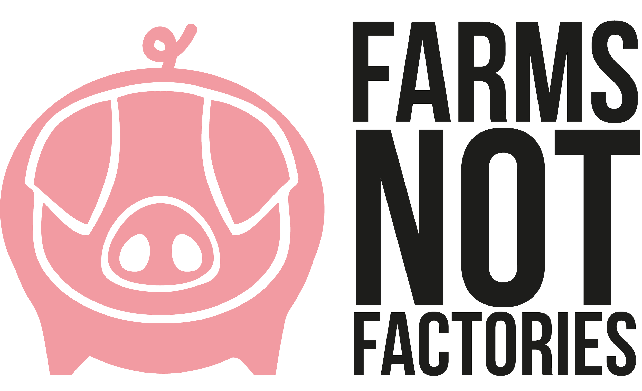 Pink pig illustration with piggy bank shape and pig nose, next to bold black text reading 'Farms not Factories'.