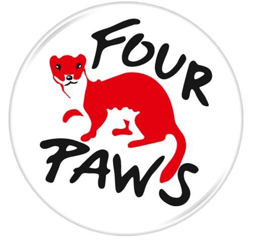 Logo with a red panther and the text "Four Paws" in black.