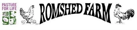 Romshed Farm logo with illustrations of chickens and farm symbols.