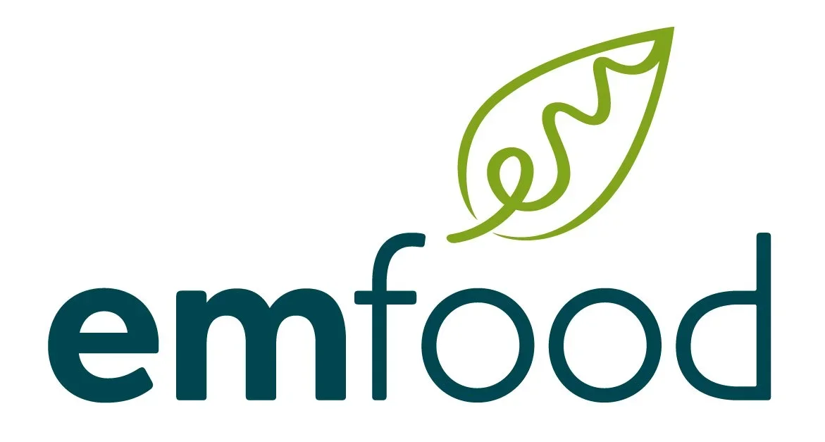 Logo with the word 'emfood' and a green leaf with a stylized design.