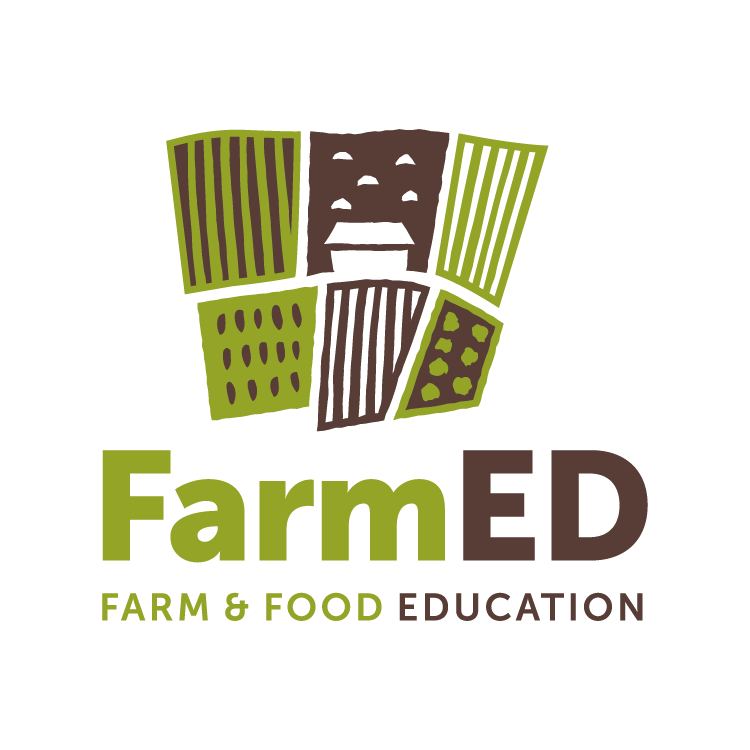 Logo for FarmED with a stylized illustration of a farm landscape and the text "FarmED FARM & FOOD EDUCATION"