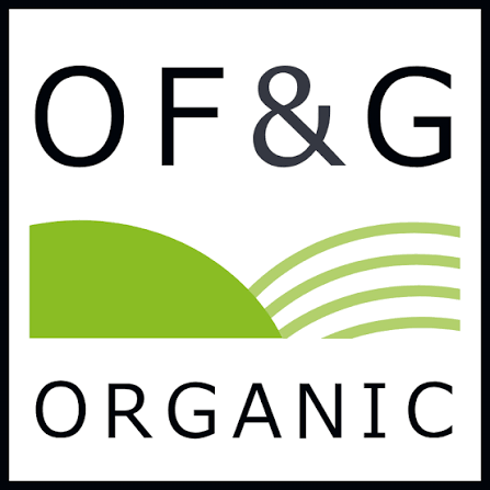 OF&G Organic logo with green and grey graphic elements. organic farmers and growers