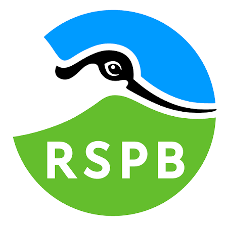 Logo with a stylized bird head in black and white, a blue semi-circle above, and a green semi-circle below with the letters 'RSPB' in white. Royal Society for the Protection of Birds
