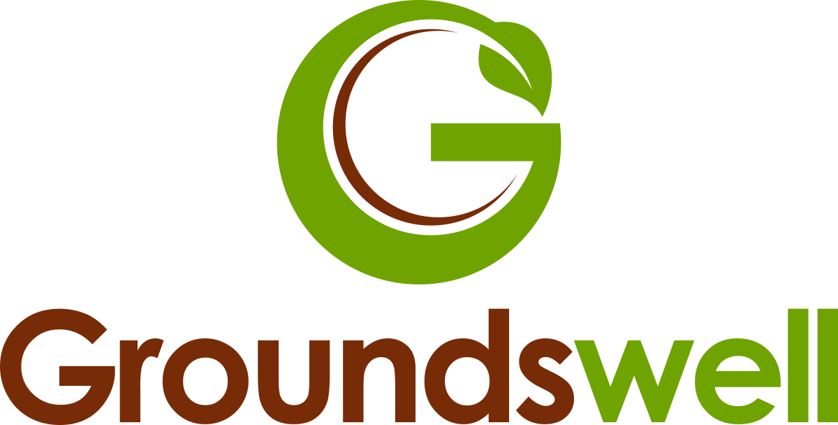 Logo with a large green letter G encircling a dark brown circle, with the text "Groundswell" below, where "Grounds" is in brown and "well" is in green.