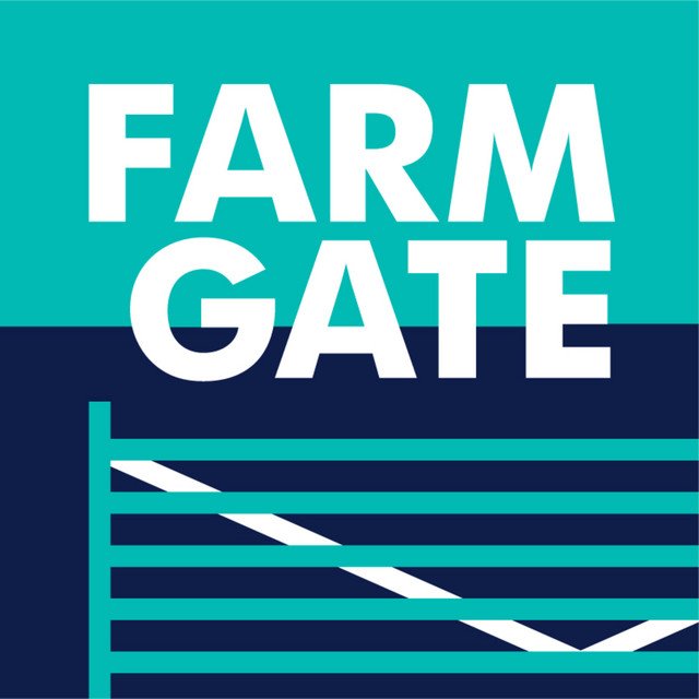 Illustration of a farm gate with a striped horizontal pattern and a top label reading "FARM GATE". podcast with ffinlo costain