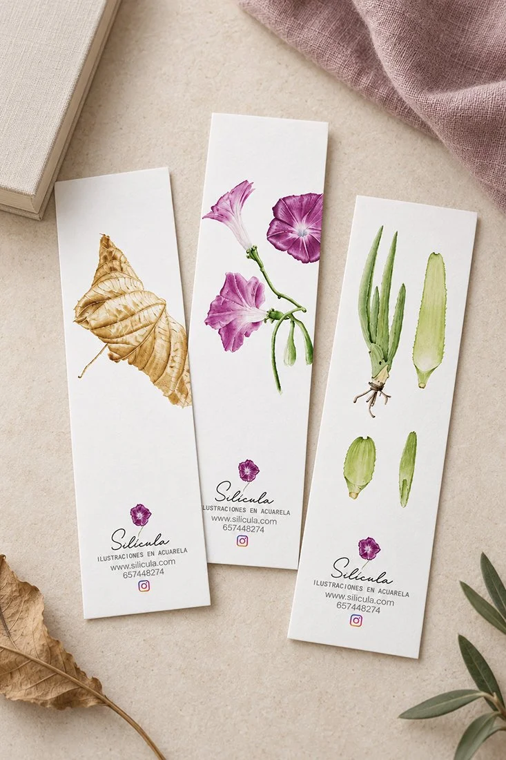 Marcapáginas botánicos en acuarela – colección Campanilla (3 unidades)