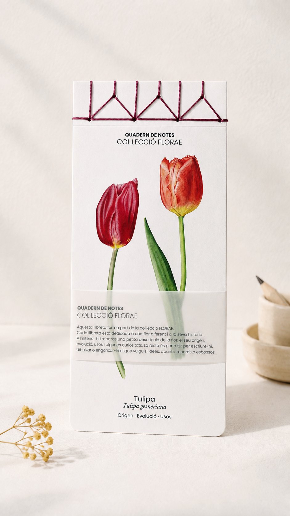 Cuaderno de notas con ilustración de dos flores de tulipán, encuadernación japonesa a mano.