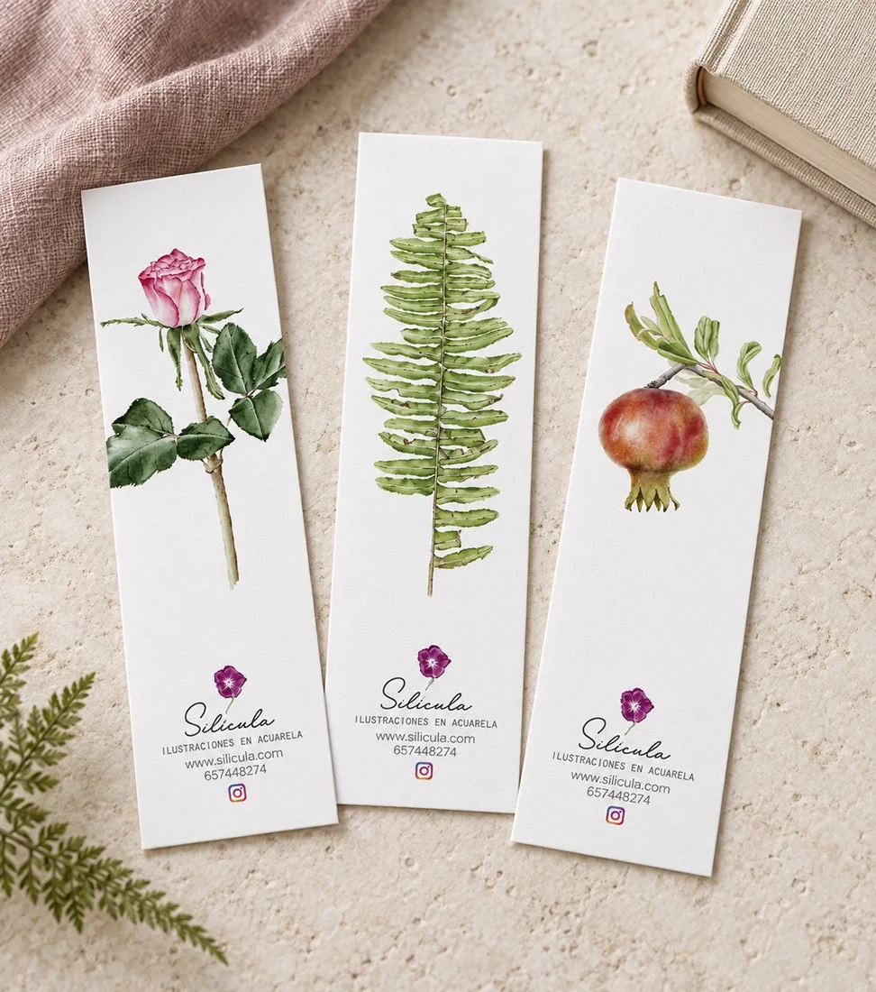 Marcapáginas botánicos en acuarela – colección Rosa (3 unidades)