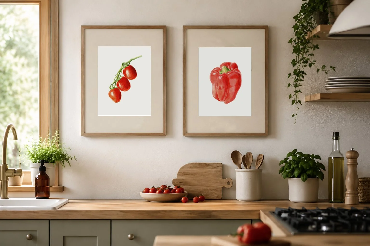 Dos láminas con marco de madera de un pimiento rojo y una rama de tomates cherry colgados en la pared de una cocina.