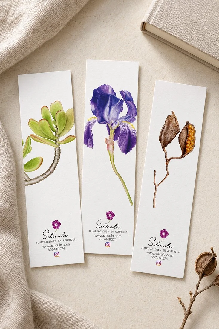 Marcapáginas botánicos en acuarela – colección Iris (3 unidades)