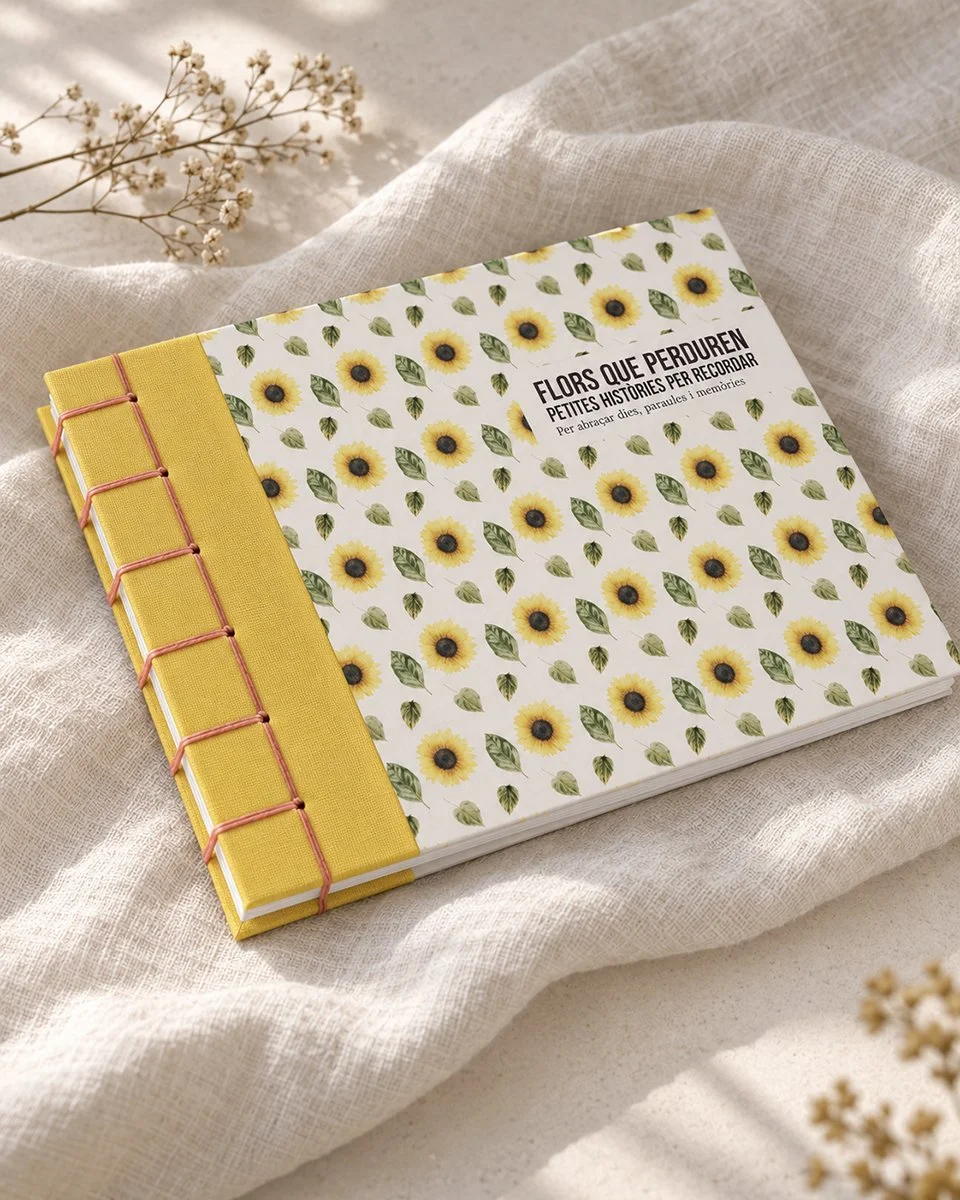 Libreta artesanal horizontal «Flors que perduren» · Girasol-Hojas