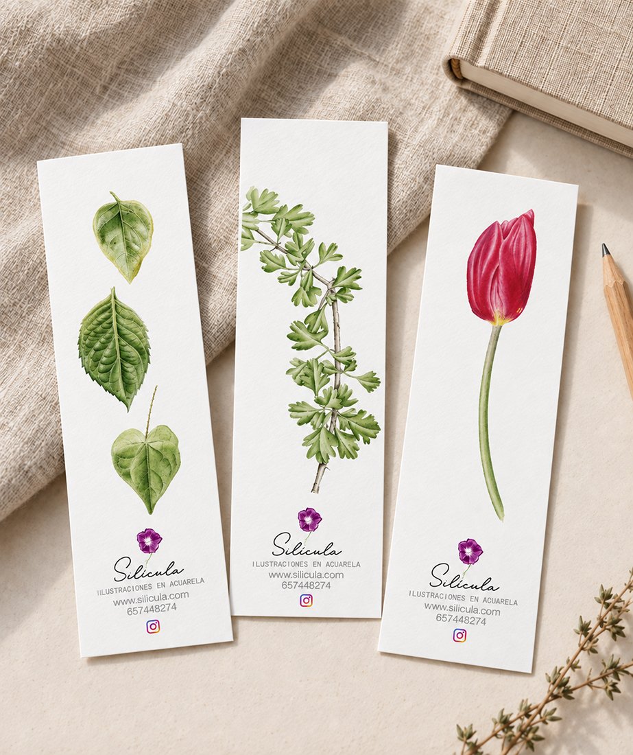 Marcapáginas botánicos en acuarela – colección Hojas verdes (3 unidades)
