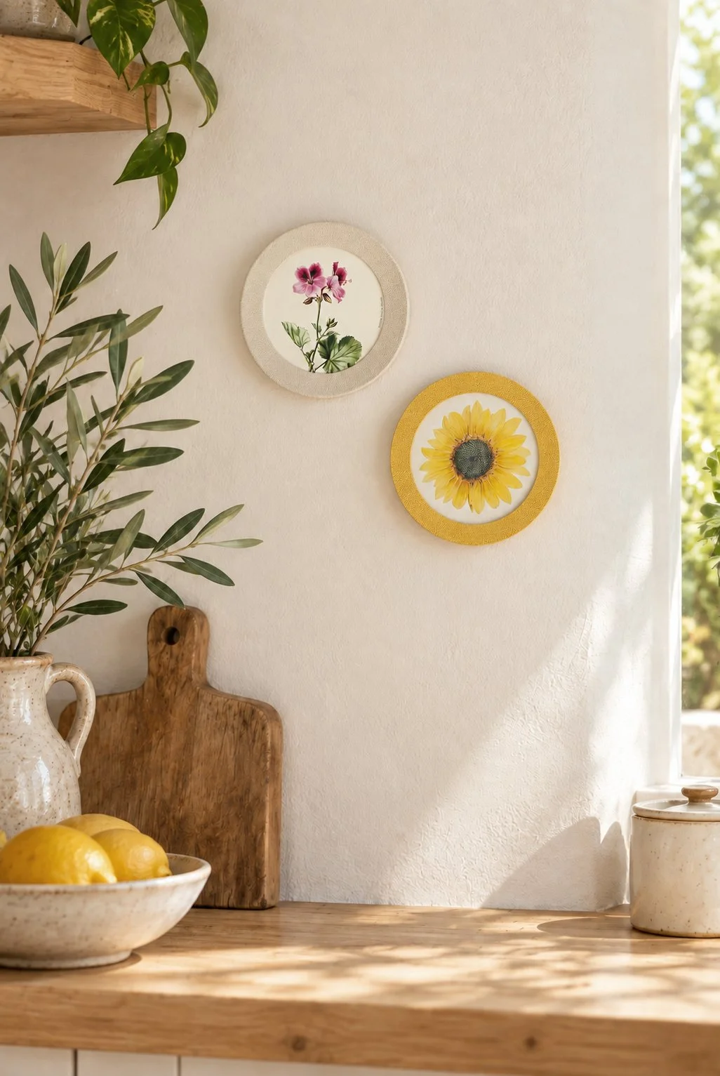 Decoración de pared con dos cuadros con flores en acuarela, una planta verde en una jarra, una bandeja con limones sobre una mesa de madera, y un recipiente pequeño a la derecha.