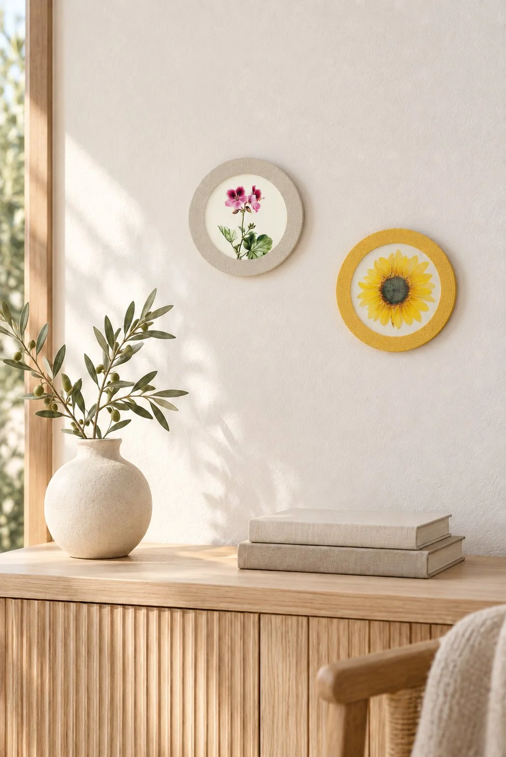 Vasija de cerámica con rama de olivo y hojas verdes sobre una mesa de madera clara, decorada con cuadros de plantas y flores en acuarela, en una habitación con iluminación natural.