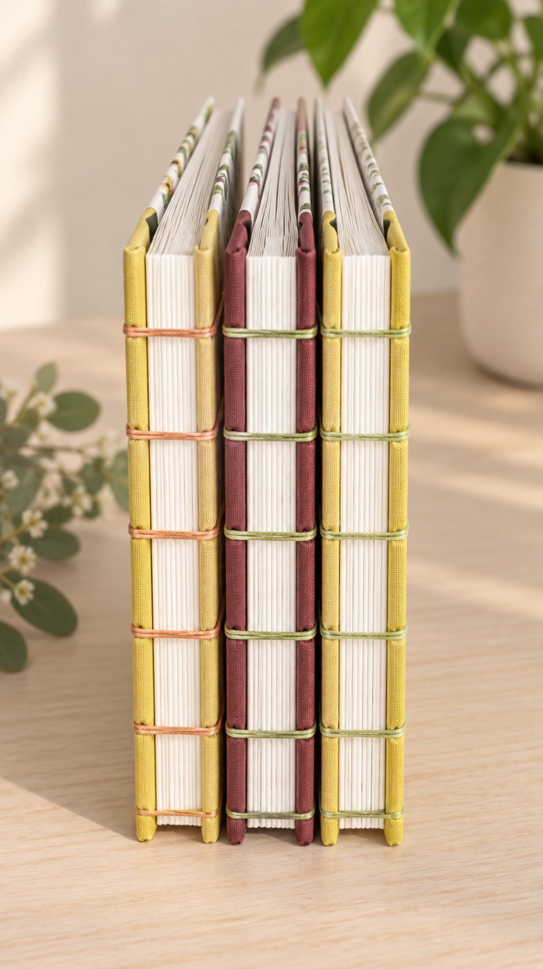 Tres cuadernos apilados encuadernados a mano y de diferentes colores en una mesa de madera, rodeados de plantas verdes.