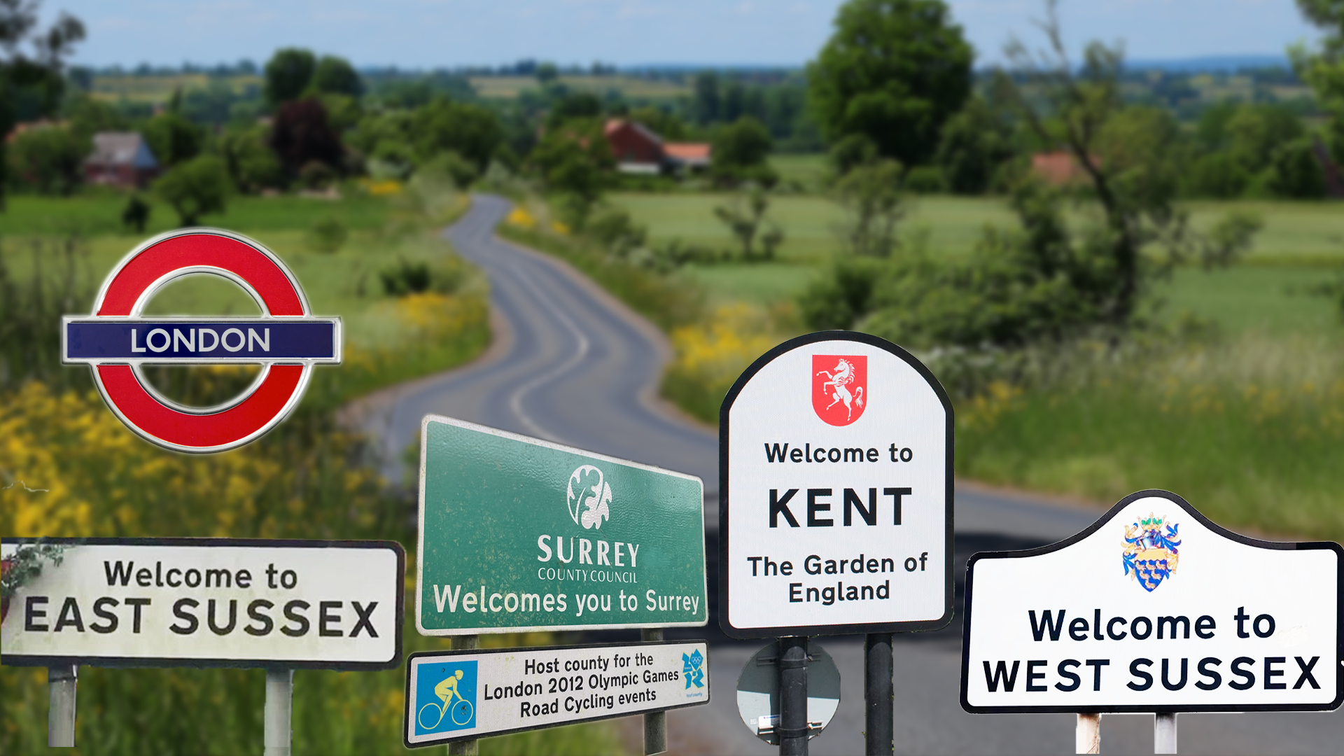 Various welcome signs for towns in England, including London, Kent, East Sussex, Surrey, and West Sussex, with a rural landscape and a winding road in the background.