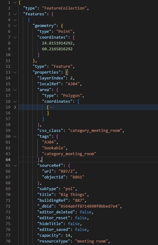 Skärmdump av en JSON-fil som definierar en samling geografiska objekt med egenskaper som koordinater, områdestyp och taggar. Objektet är ett mötesrum med identifierare och detaljer som kapacitet, resurstyp och platsreferenser.