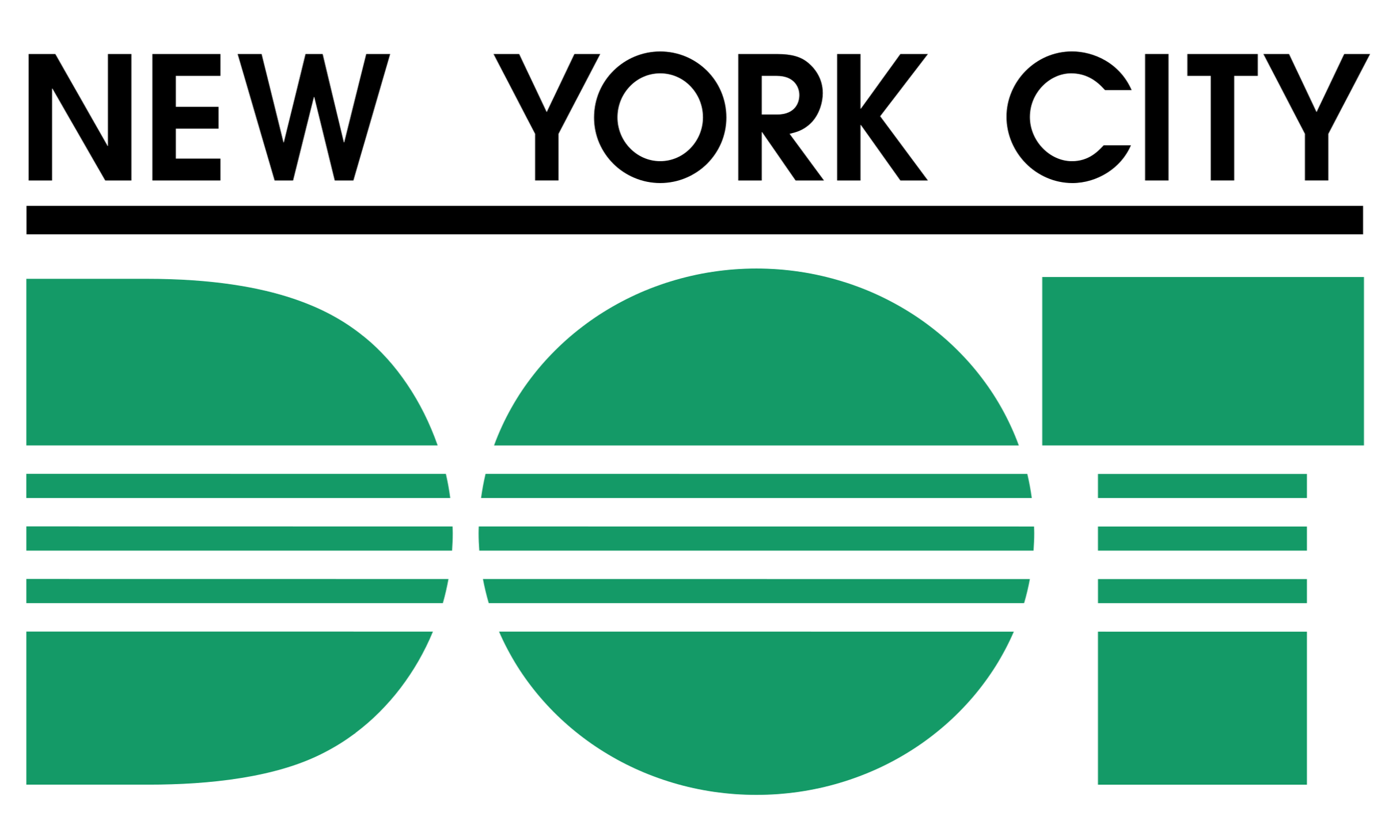 Graphic logo with bold black text reading 'NEW YORK CITY' above a series of stylized green geometric shapes representing the Statue of Liberty's crown and other city elements.