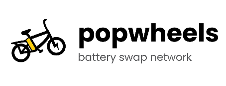 Logo of Popwheels, a battery swap network, featuring a stylized bicycle with a yellow battery and the text 'popwheels' and 'battery swap network'.