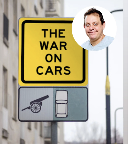 A yellow traffic sign that reads 'The War on Cars' with a black border, followed by a white sign displaying a cannon and a car.