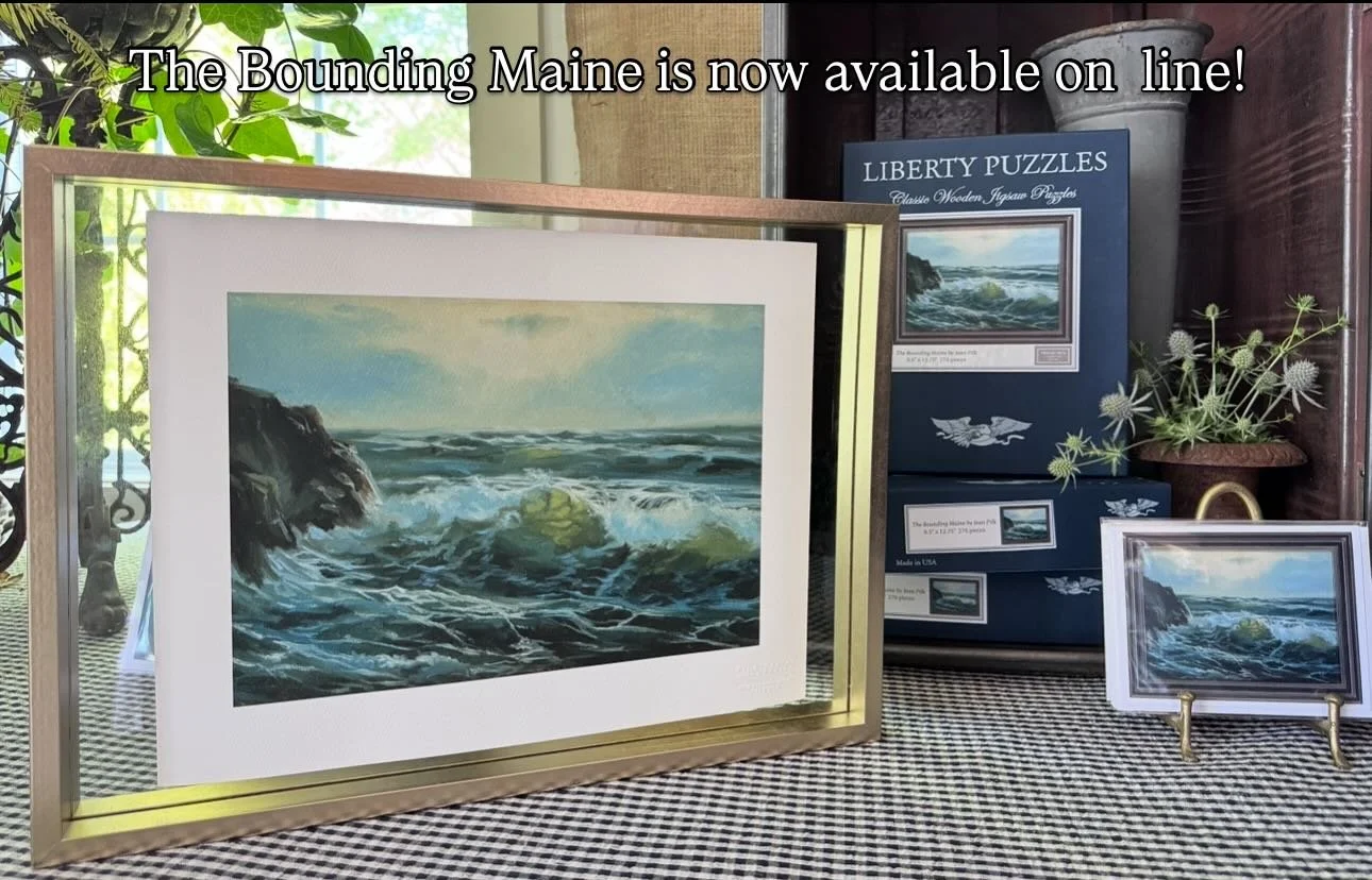 Jean Pilk&rsquo;s oil painting of breaking waves off the shore of Kennebunkport is a meditation of light and water. Currently available in gicl&eacute;e prints, note cards and handmade wooden jigsaw puzzles at:

https://www.pilkdesigncollective.com/s