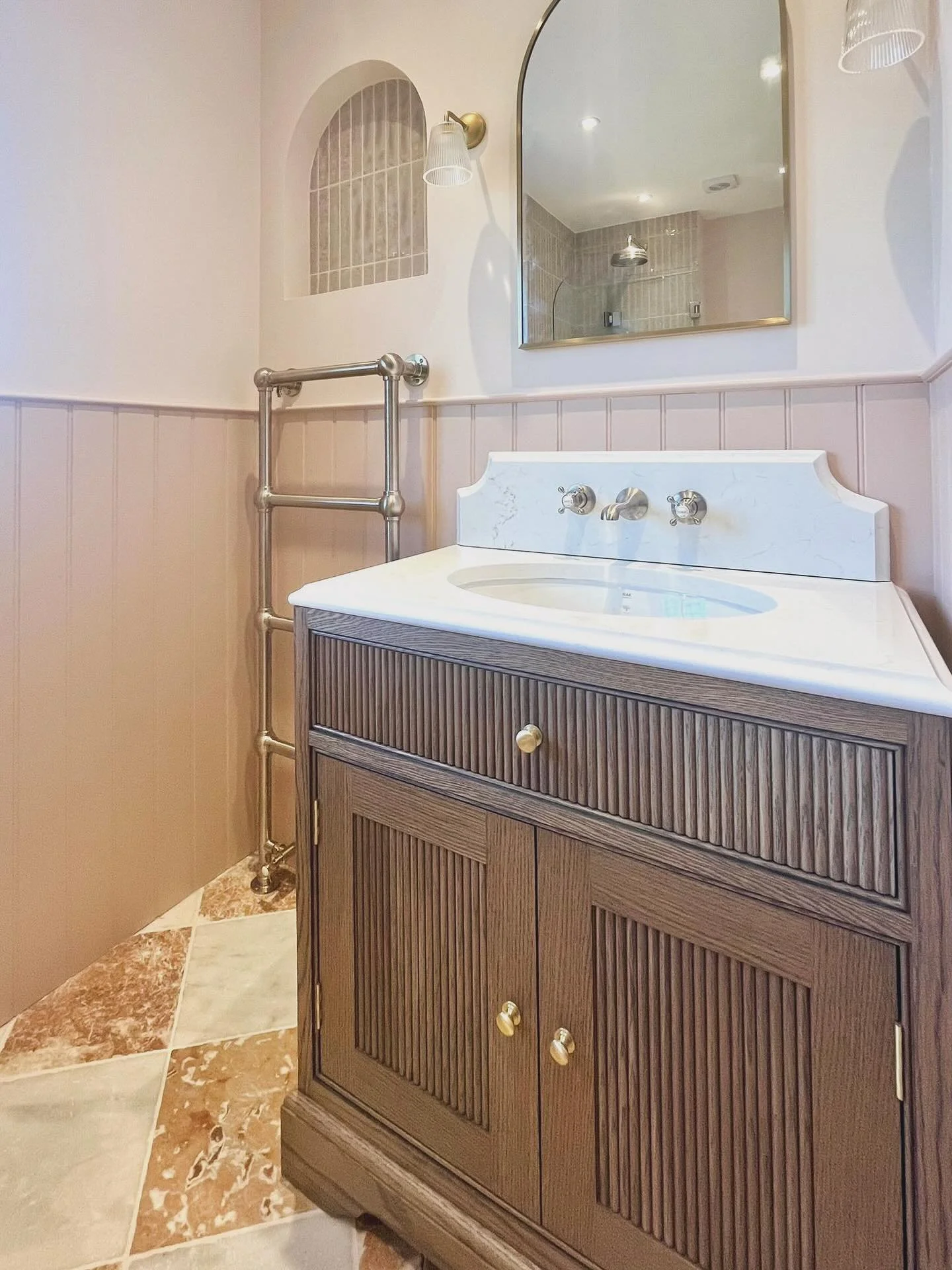 A recent bathroom transformation &mdash; almost complete and already looking beautiful! Swipe to see during and before. 

This small but perfectly formed family bathroom is designed to give the family everything they need in a compact space. The stun
