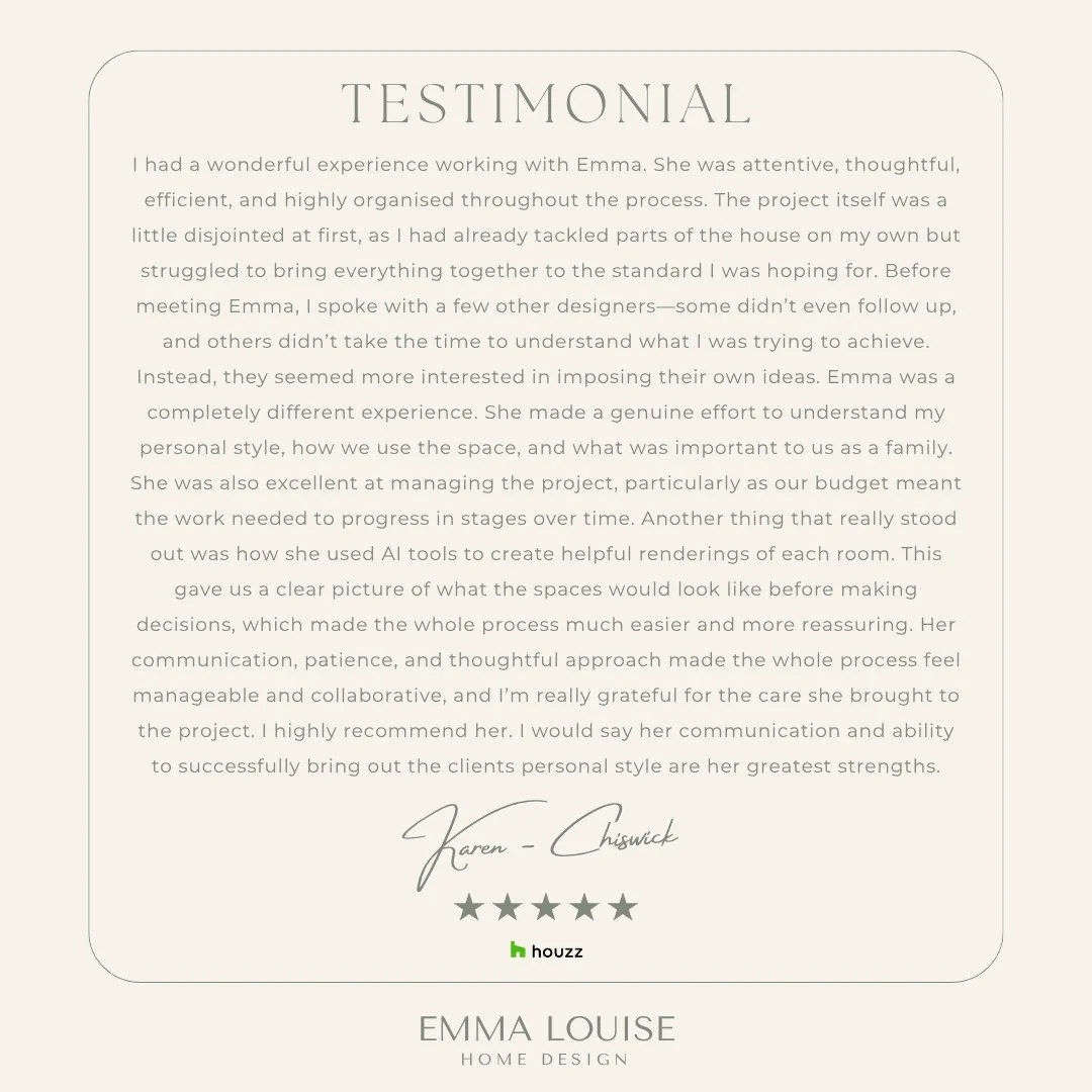 Kind words from a recent project.
So grateful for the trust, collaboration, and shared vision&mdash;bringing a client&rsquo;s ideas to life is always the most rewarding part.
Especially lovely to receive this as we wrap up a wonderful project in Chis
