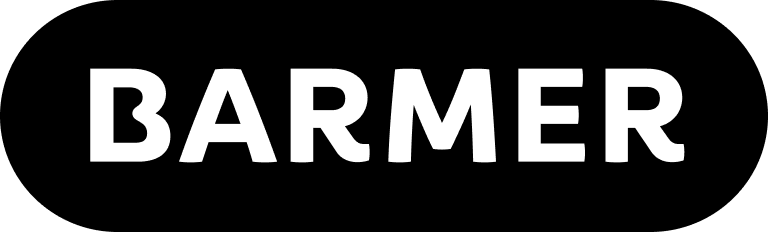 Das Bild zeigt das Logo des Unternehmens 'BARMER' in weißen Buchstaben auf schwarzem Hintergrund.