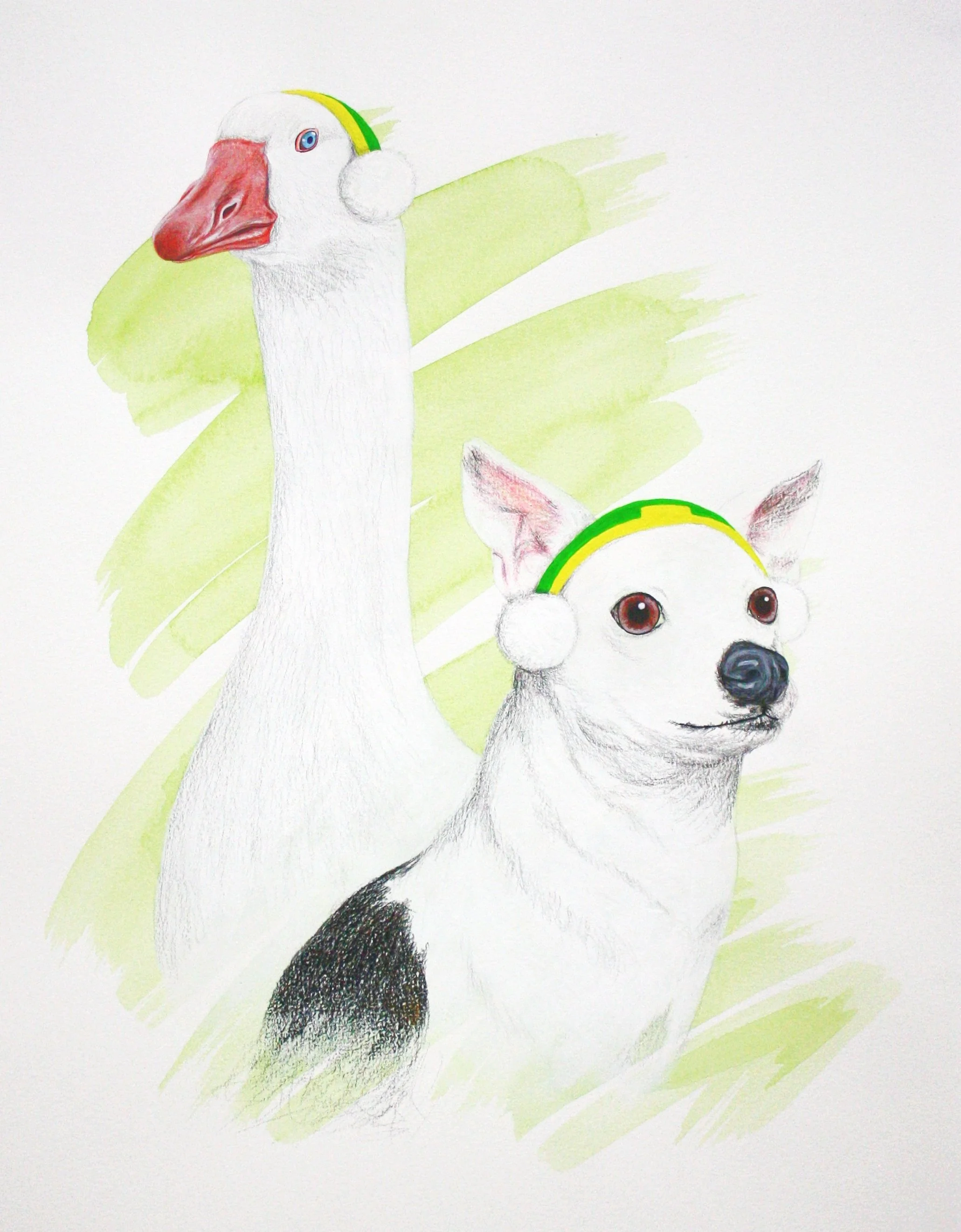Barks and Honks (2026) Watercolour, acrylic, pencil and pen on cartridge paper - 42cm x 29.7cm
