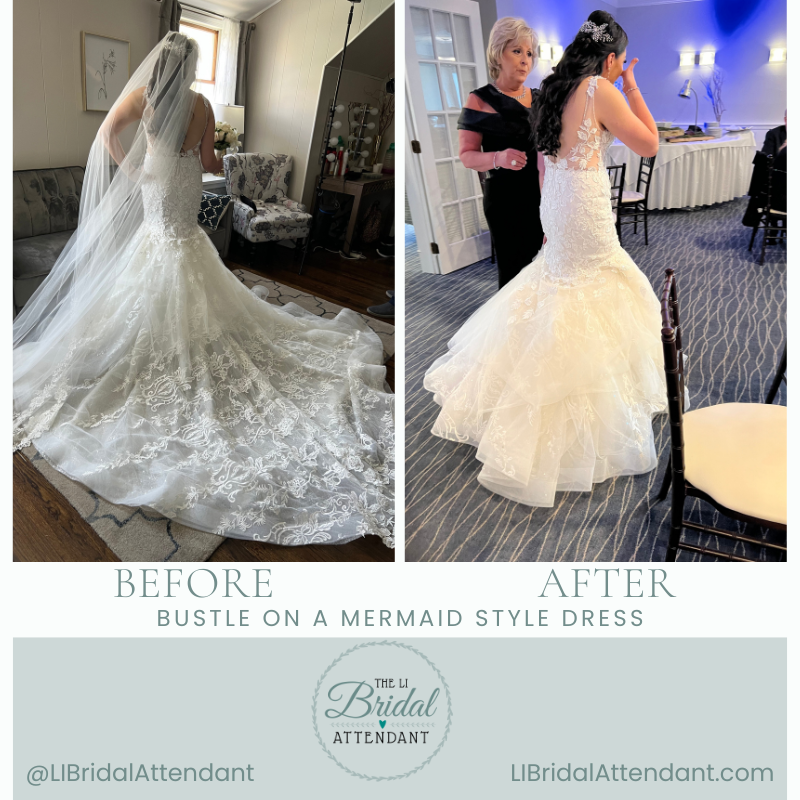 wedding dress bustle before and after