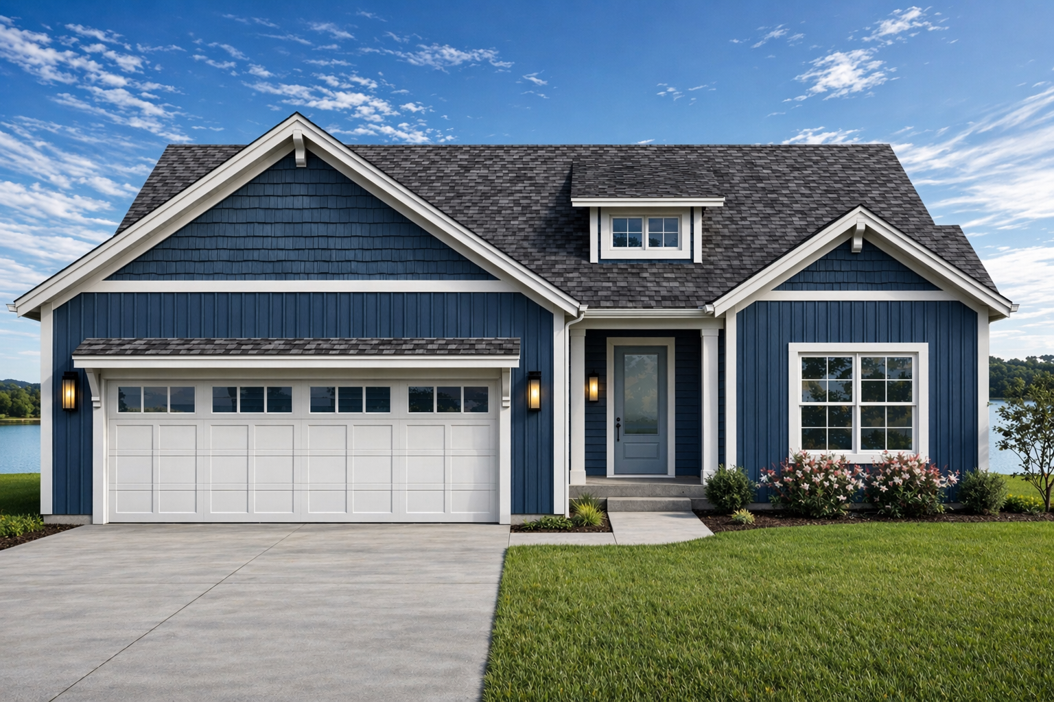 Living room with large windows overlooking a river, white couch with blue cushions, blue ottoman with books and decorative items, indoor plant in a basket, open kitchen with white cabinets and stainless steel appliances, dining area with black chairs, and decor accessories.