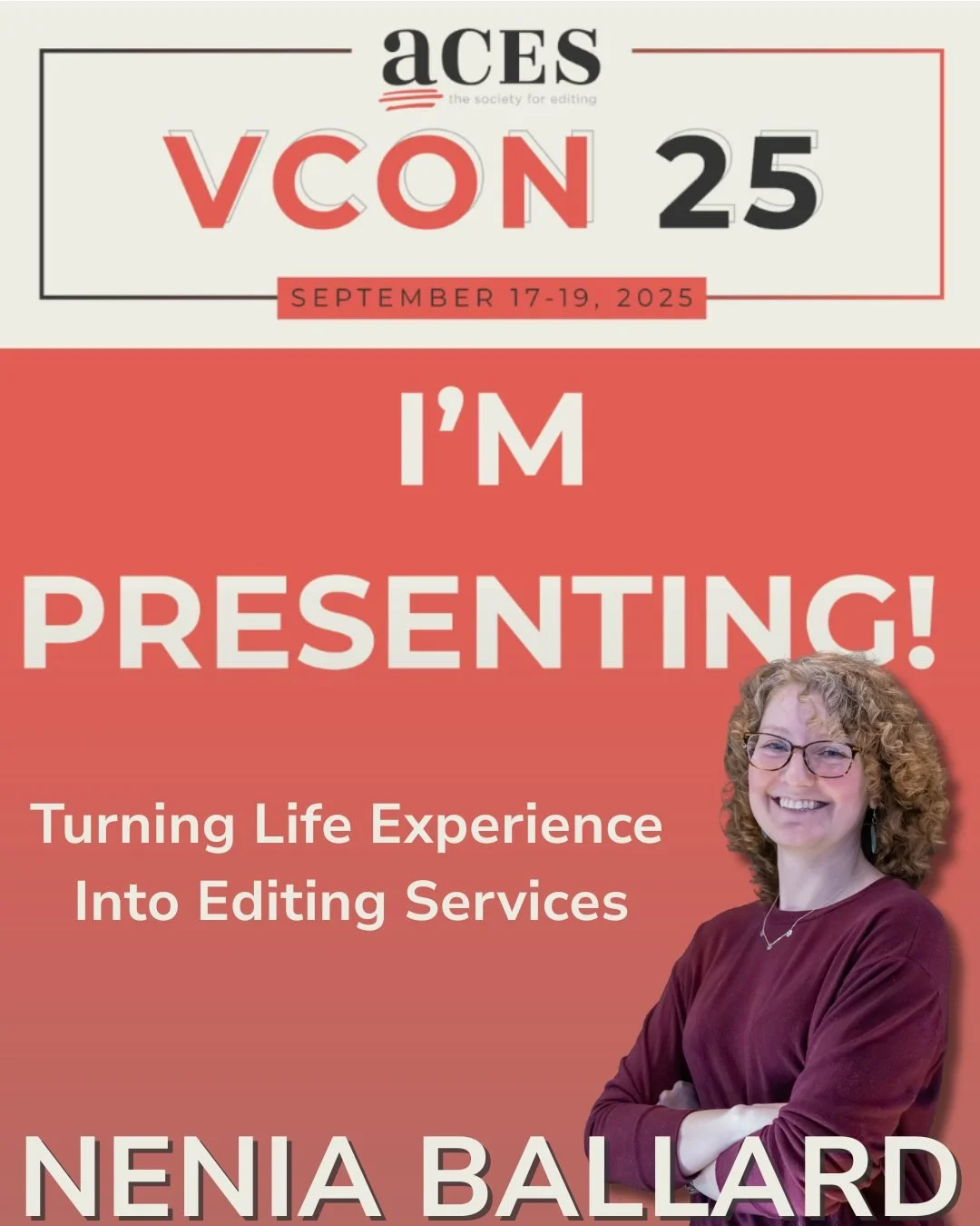 I have exciting news! I'm going to be presenting a session at @aceseditors VCON25 in September! 

I had the best experience attending VCON last year. As a disabled editor, I often feel like I miss out on getting to network and interact with other pub