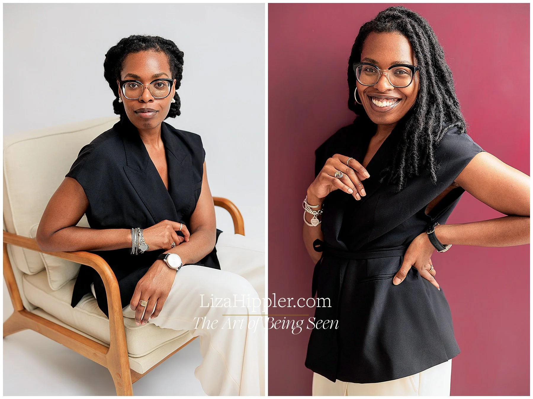 Personal brand photography images of a black woman with dreds, black glasses and a black top on both a white background and a burgundy background in Nashville photo studio.