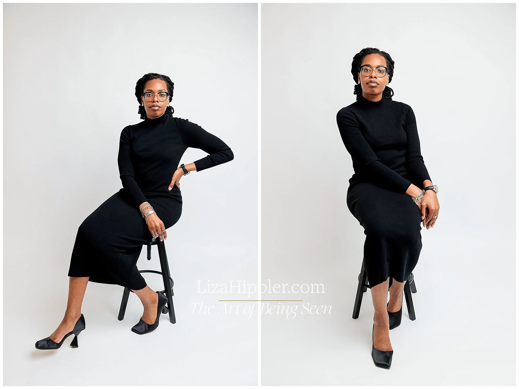 Professional brand photography for black female wearing a long black turtleneck dress sitting on a black stool with a white background.