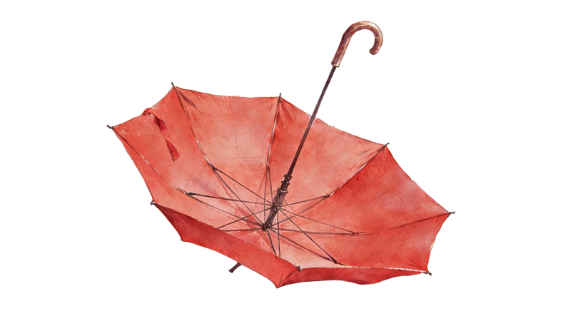 Ein roter, umgedrehter Regenschirm mit gebogenem Griff