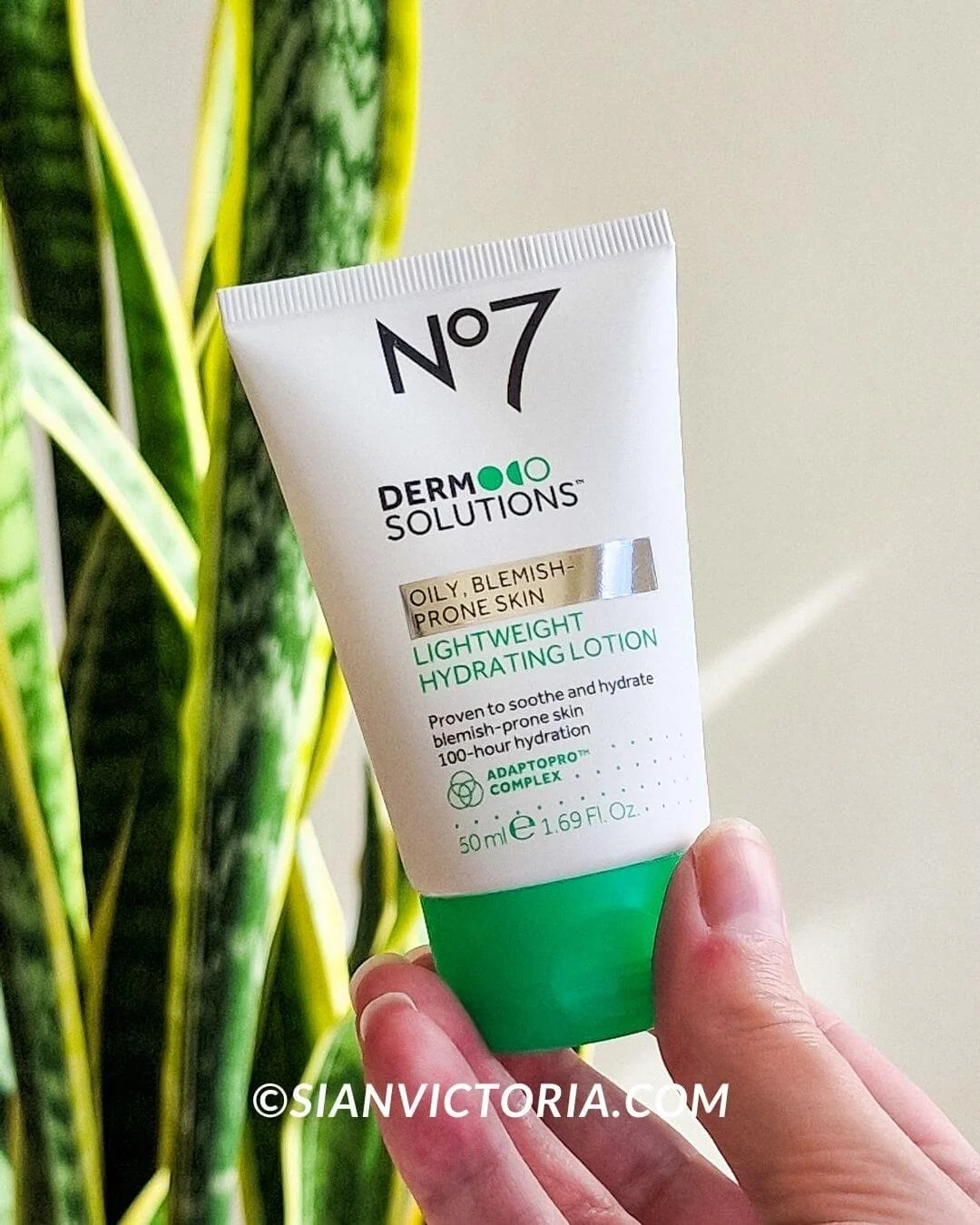 a hand holding a no7 skincare face lotion with a snake plant in the background