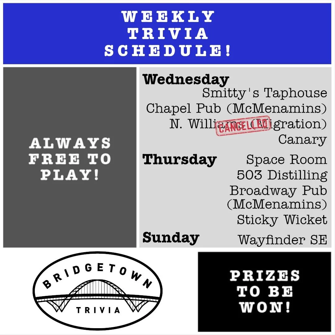 Good news and Bad news:
Good news - Bridgetown Bounty Bonanza next week at @migrationbrewing on North Williams.
Bad news - no trivia at north Williams Migration -tonight- due to a private event.

So we will see you there -next week- for special prizi