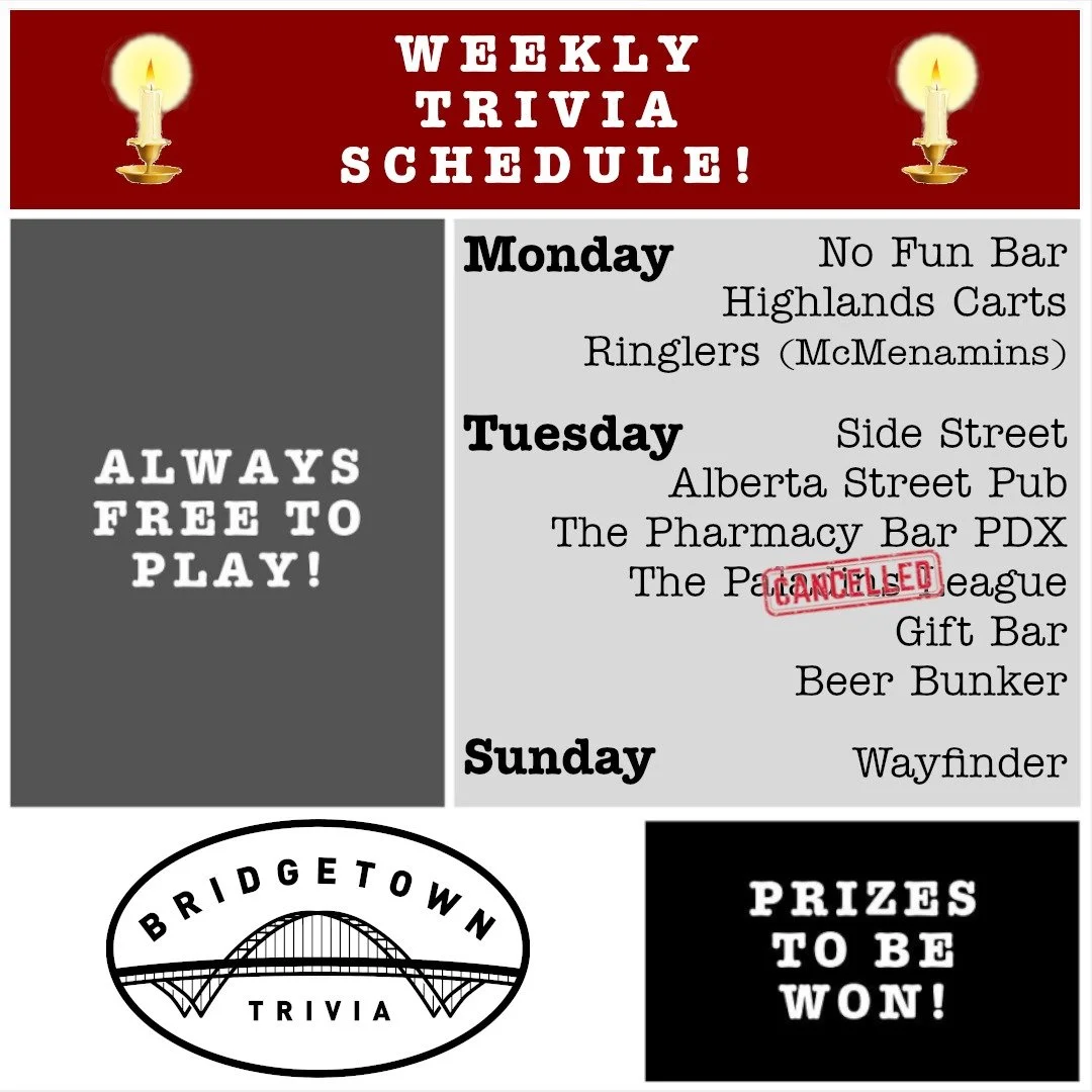 Full Week Schedule! Tonight and next Sunday as well, we're on at @wayfinderbeer while Monday and Tuesday we have all but one of our locations. @thepaladinsleague are closed for the year until January, where we'll resume on the 6th.❤️

No events Wedne