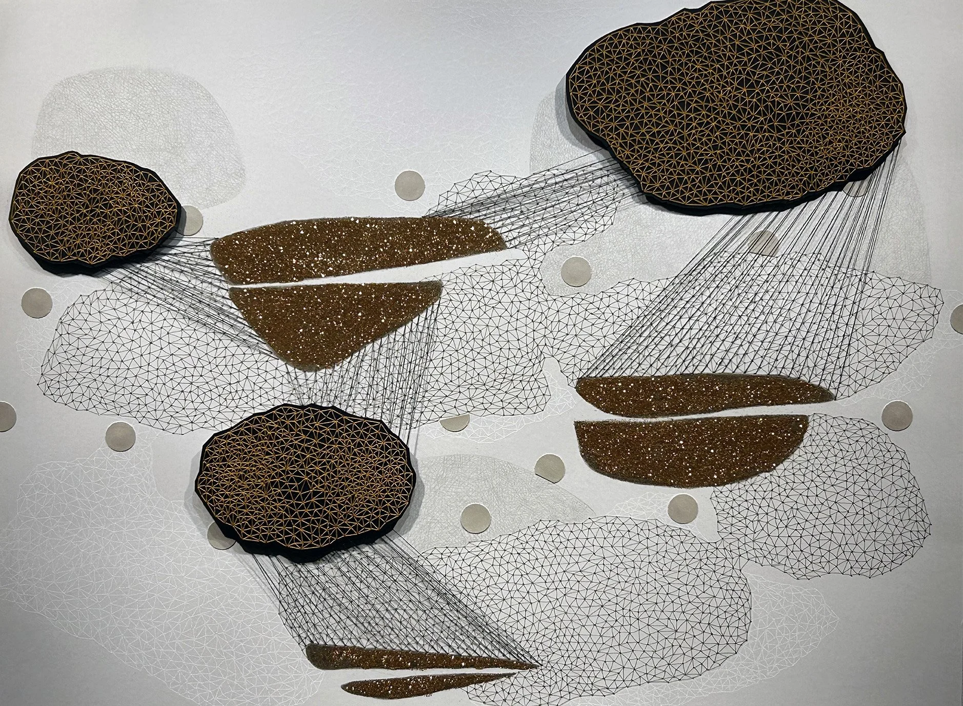 Yesterday's Faded, 2026, Strathmore acrylic paper, graphite, Micron, card stock, glitter, thread, white gel pen, and glue.