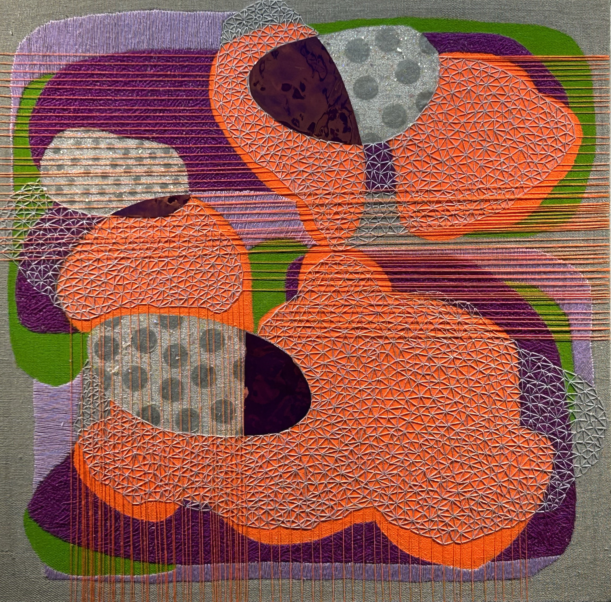 I Could Live a Little, 2026, 18 x 18", Linen, acrylic, embroidery floss, glitter gel medium, vinyl