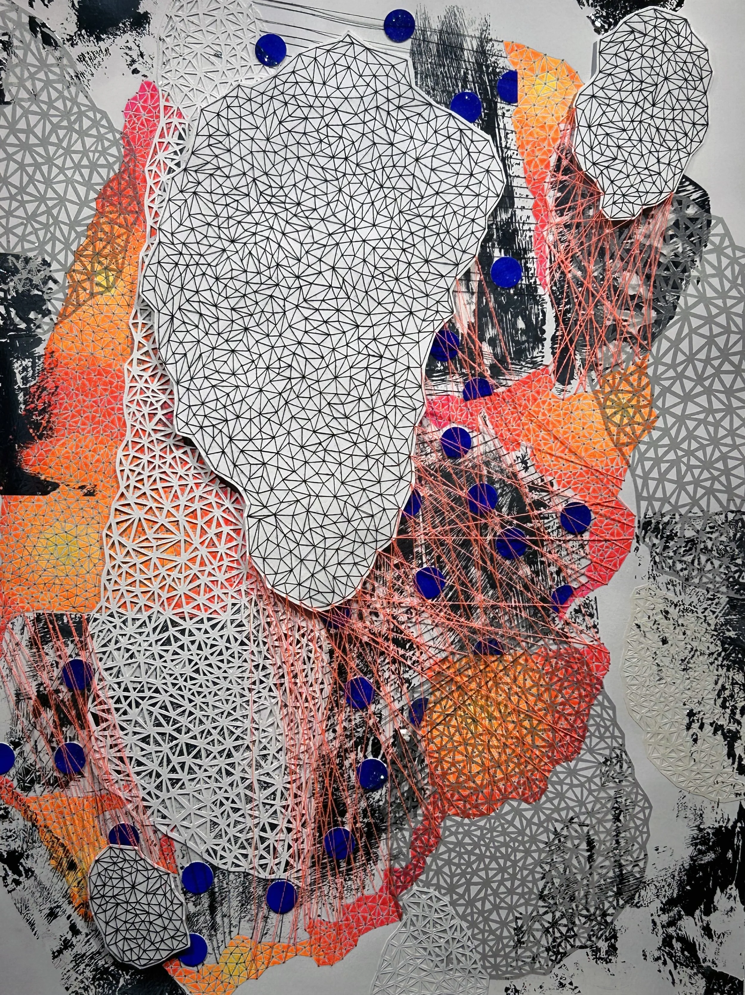 Face or Flee, 2026, 24 x 18", Strathmore mixed media paper, acrylic, thread, glitter, transfer foil, vinyl.