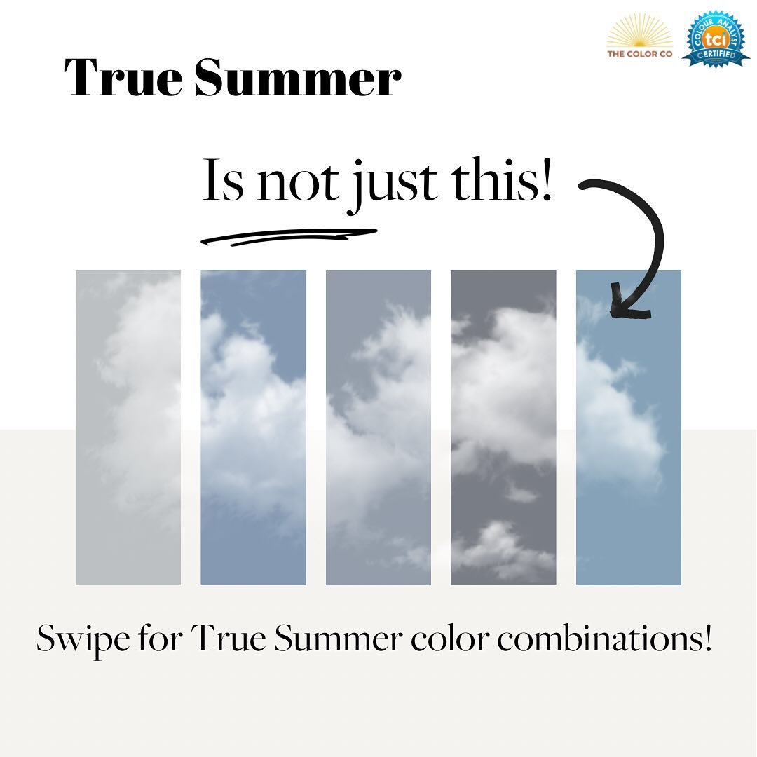 True Summer is not all dusty grays and cloudy days. ☁️ This cool, soft, blended palette is elegant, calming, serene, and timeless. Swipe for True Summer color combinations! 👉👀